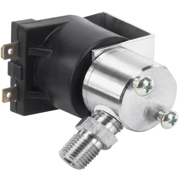 A black and silver Bloomfield solenoid valve with a hose and screw.