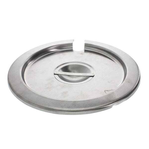 A silver metal Wells slotted lid with a circular hole.