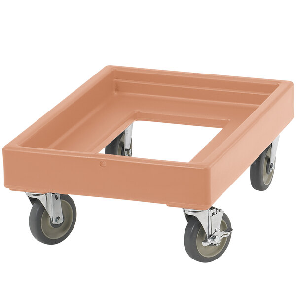 A beige plastic dolly with wheels.
