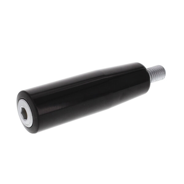 A black plastic handle with a bolt on a white background.