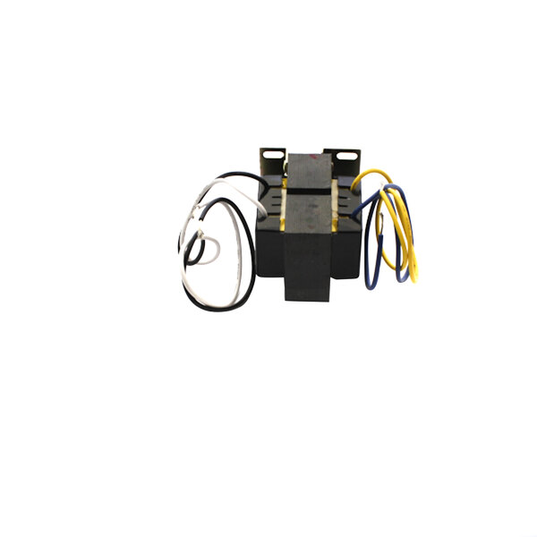 An Alto-Shaam TN-33282 transformer, a black and white electrical device with yellow and blue wires.