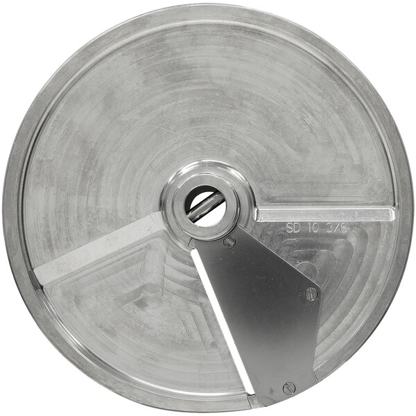 A close-up of a stainless steel circular Hobart soft slicing plate with a hole in the center.