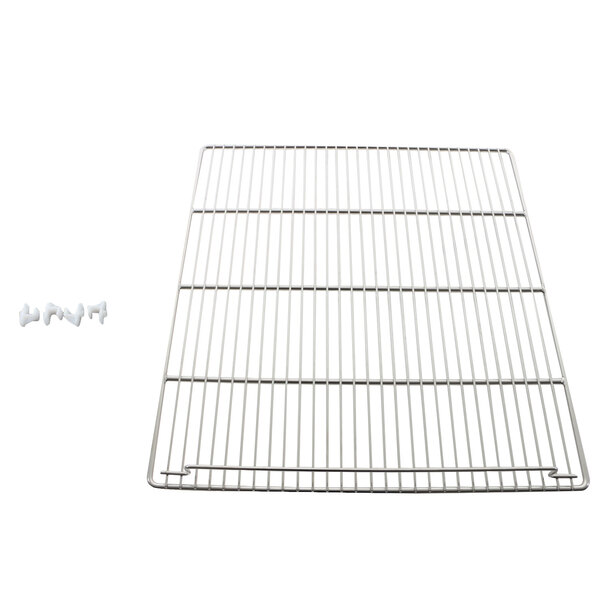 A stainless steel metal grid shelf for a Master-Bilt refrigerator with screws.