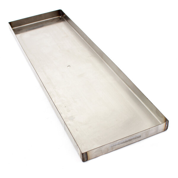 A stainless steel rectangular condensate pan with a handle.