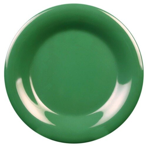 A green plate with a white rim.