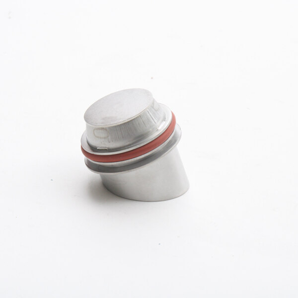 A silver metal low pressure relief valve with red rings on the top.