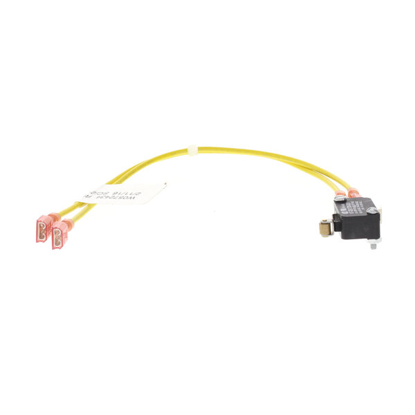 A yellow wire with red and yellow connectors on a white background.