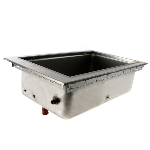 A stainless steel pan with a square bottom and a handle.