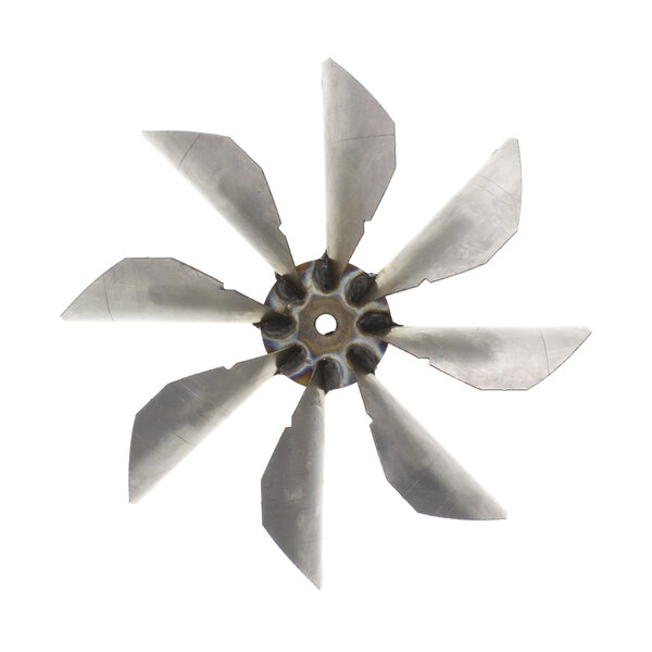 A metal fan blade with four rods coming from the center.