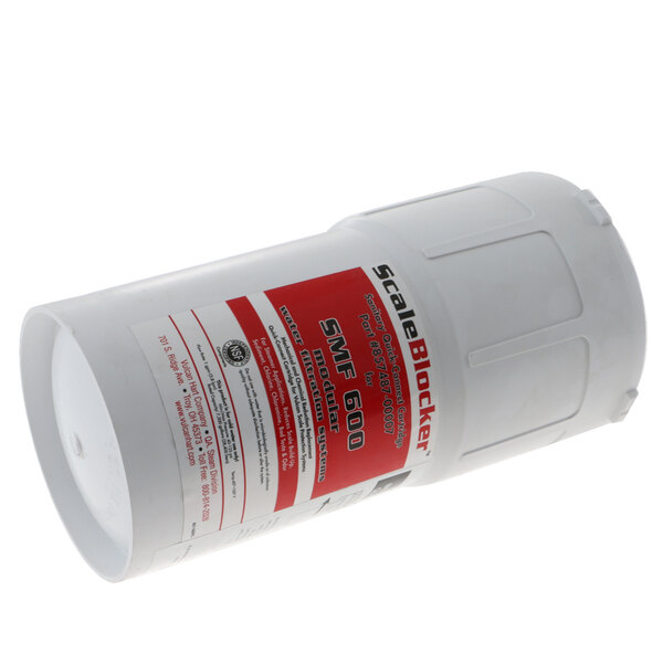 A white Vulcan water filter dip tube with a red label.