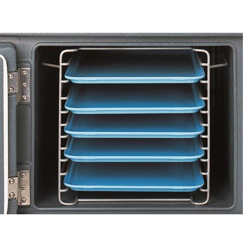 A metal wire rack with blue trays inside.