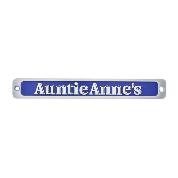 A blue and white sign with the words "Auntie Anne's Name" in white letters.