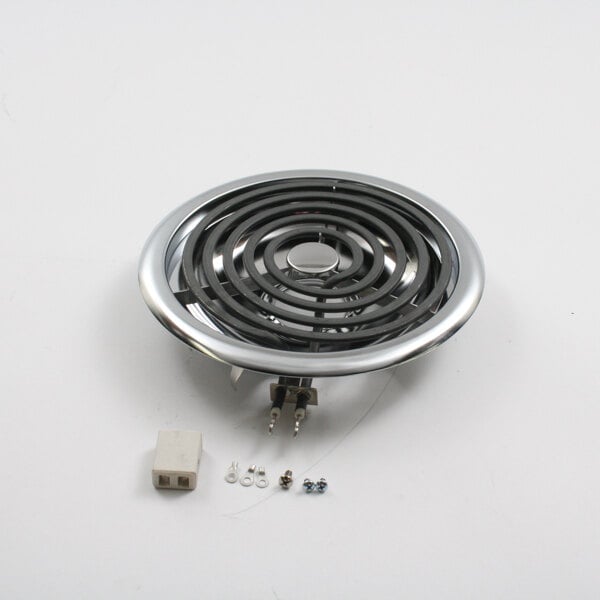 A round metal stove top element with wires.
