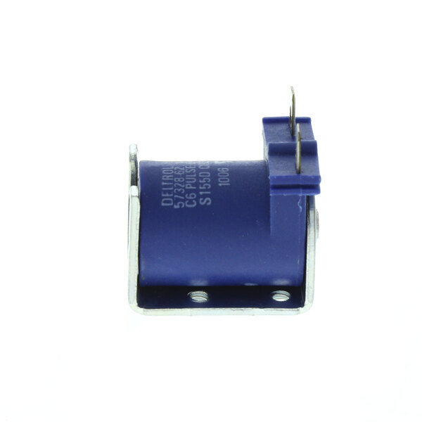 A blue and silver Hatco water solenoid valve coil with a small metal clip.