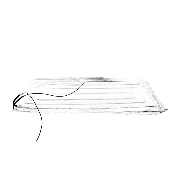 A rectangular foil blanket with a black wire attached.