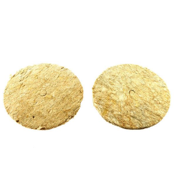 Two round brown circular pieces of Vollrath steam table insulation.