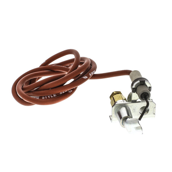A brown cable with a metal connector attached to a brown tube with a metal object inside.