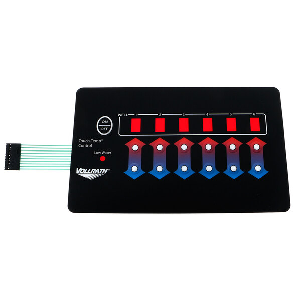 A black rectangular Vollrath Touch Control panel with red and blue squares.