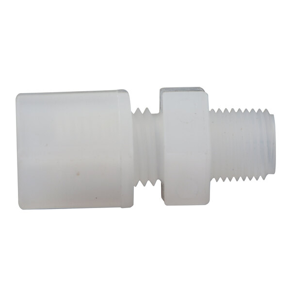 A white plastic Power Soak connector with a threaded end.
