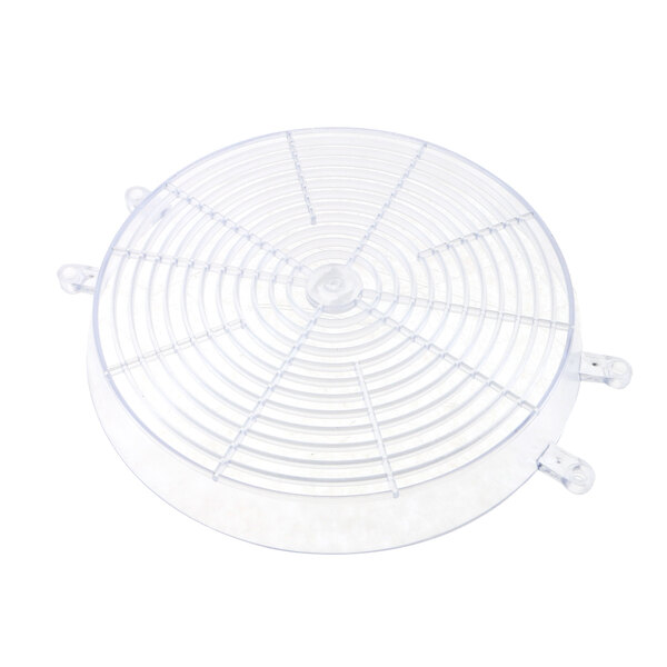 A white plastic circular fan guard with holes.