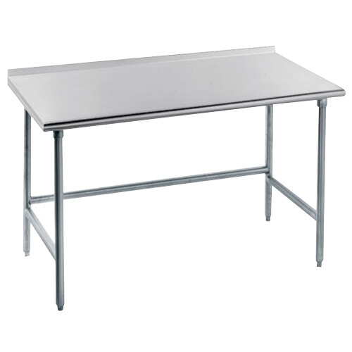 A stainless steel Advance Tabco work table with a 1 1/2" backsplash and open base.