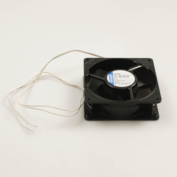 A black Lang blower motor fan with white label on the side and wires attached.