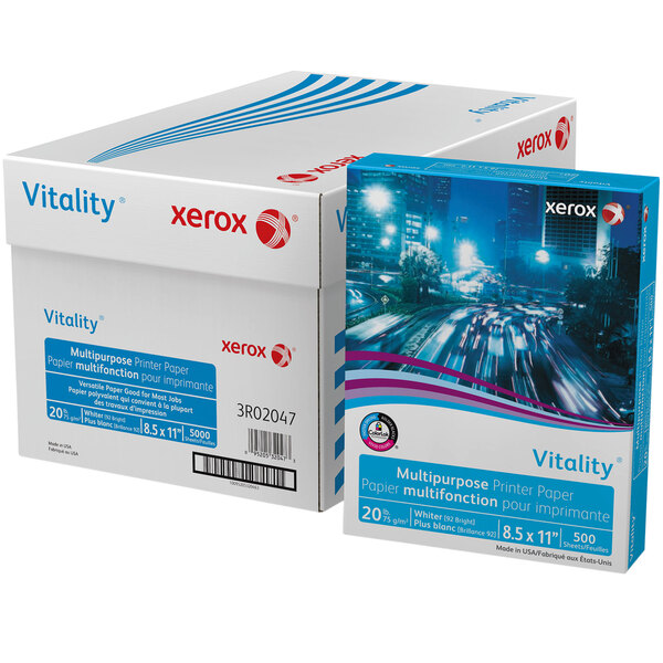 A white box of Xerox Vitality multipurpose printer paper with blue and red text.