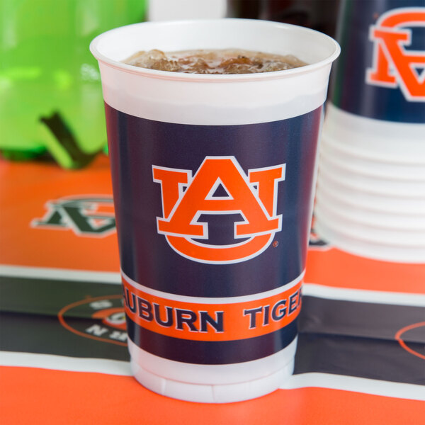 A Creative Converting plastic cup with the Auburn University Tigers logo.