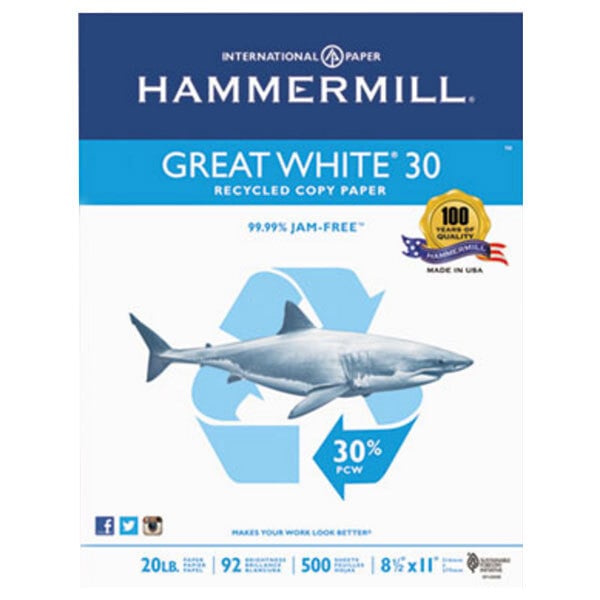 A ream of Hammermill Great White 30 recycled copy paper with yellow and black packaging.