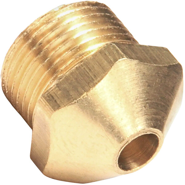 A brass Bakers Pride orifice with a hole on a white background.