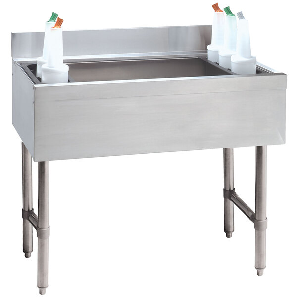 An Advance Tabco stainless steel underbar ice bin with a 10-circuit cold plate.