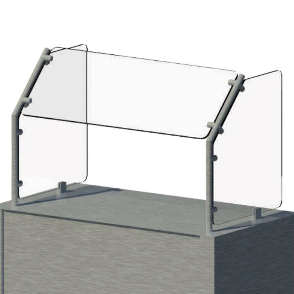 An Advance Tabco clear glass sneeze guard with a metal frame on top.
