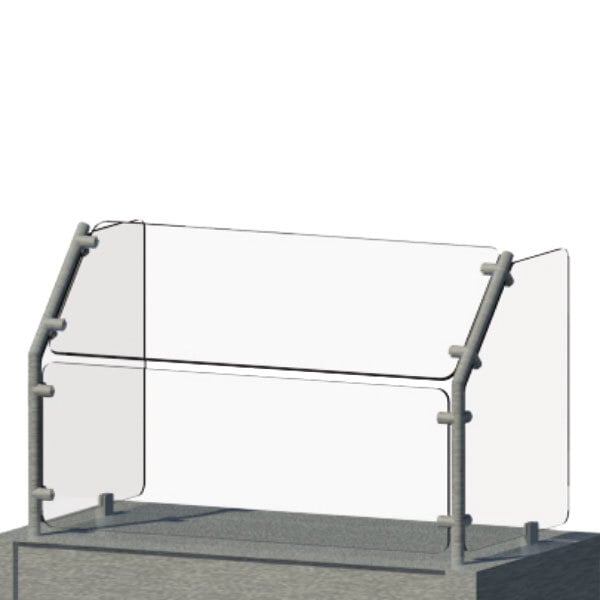 An Advance Tabco cafeteria food shield with a clear glass screen on a metal stand.