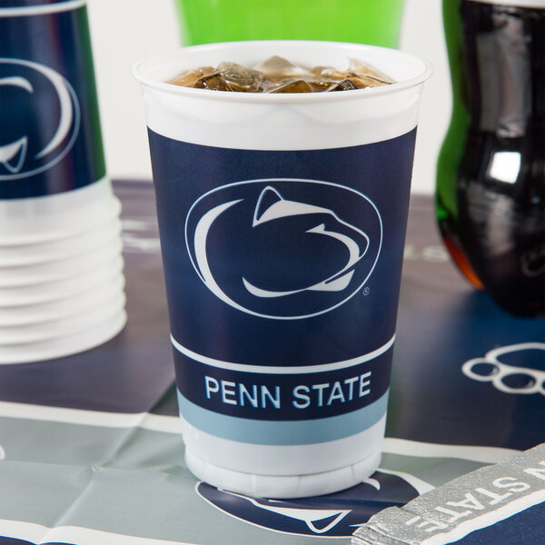 A Penn State University plastic cup on a table.