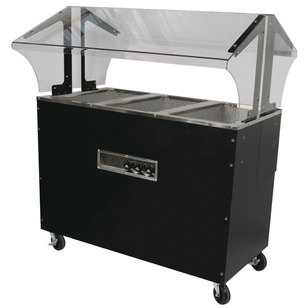 An Advance Tabco black hot food table with a clear cover.
