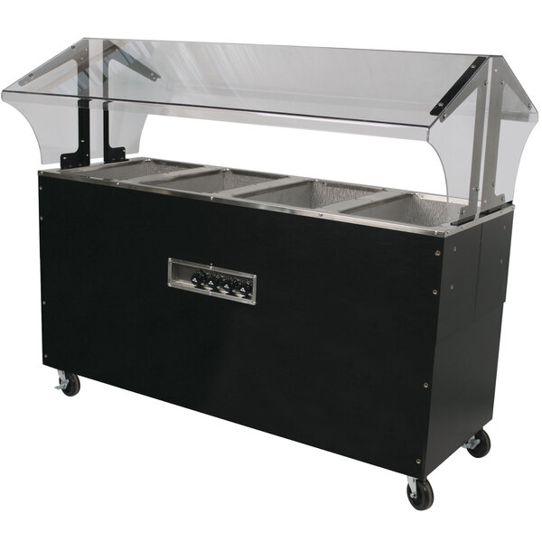 A black hot food table with a clear cover.