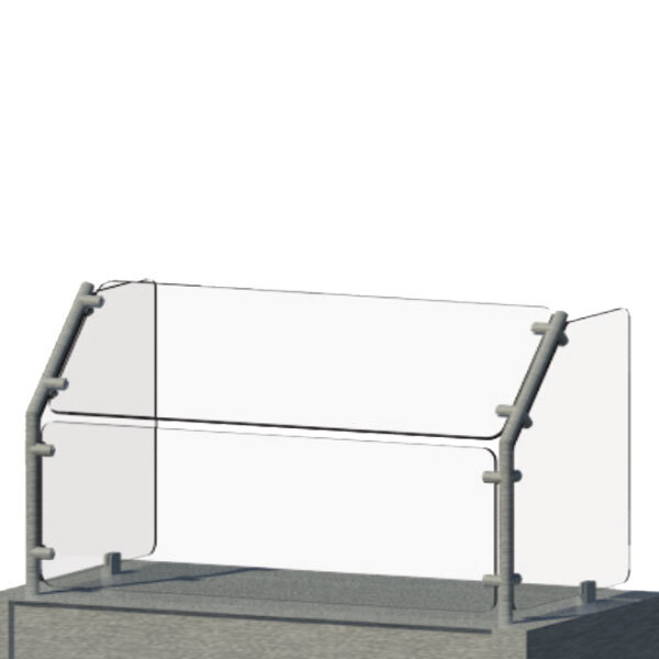 An Advance Tabco clear glass cafeteria food shield with a metal frame.