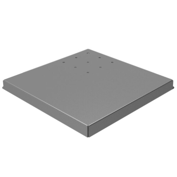 A grey metal square with holes.