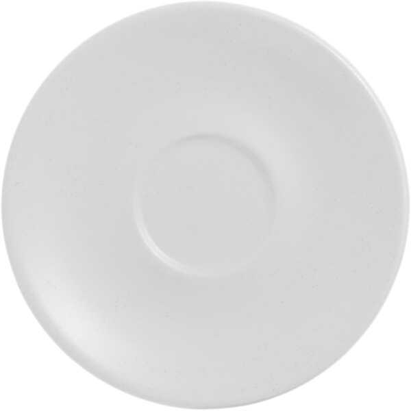 A Libbey Driftwood satin matte porcelain saucer in white with a circle in the middle.