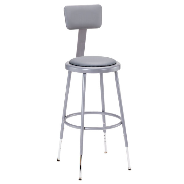 A National Public Seating gray lab stool with a cushion and backrest.