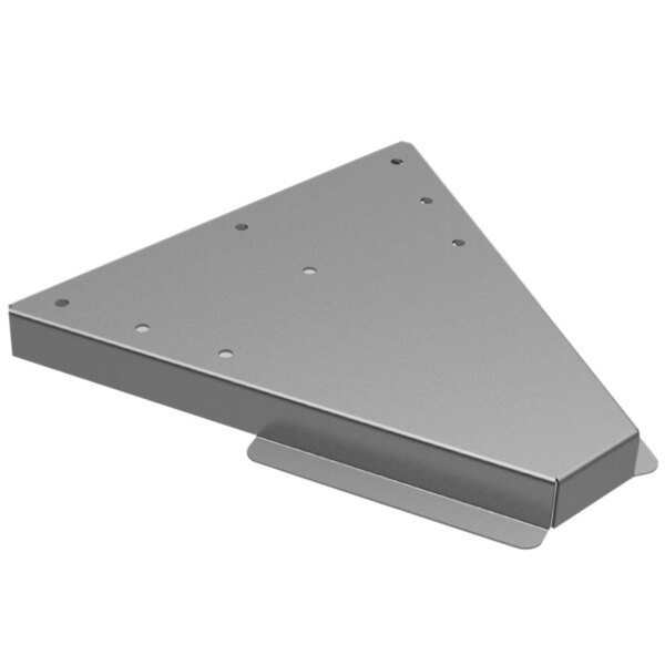 A stainless steel metal triangle with holes.