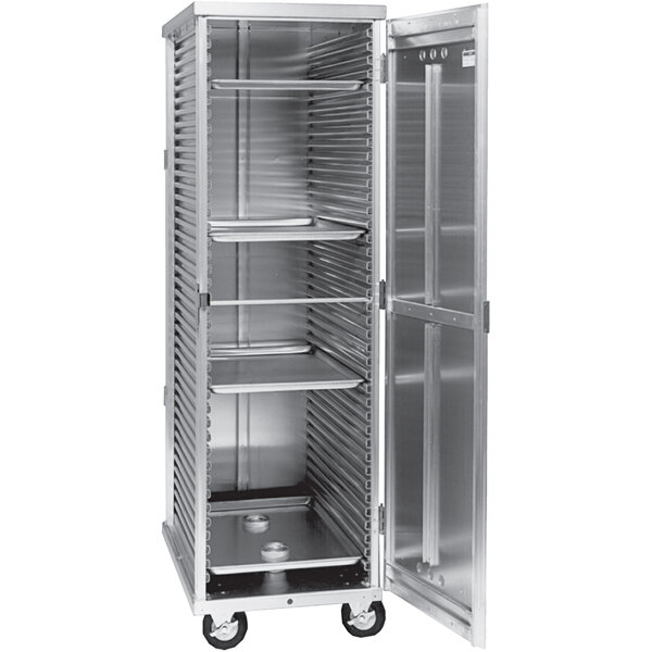 A large metal Cres Cor holding cabinet with shelves.