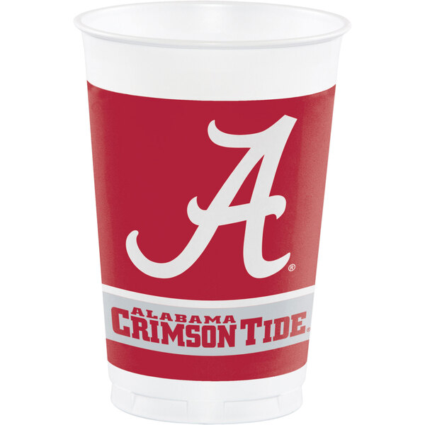 A white plastic Creative Converting cup with a red University of Alabama logo.
