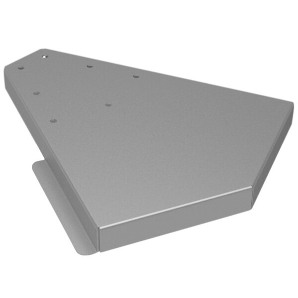 A stainless steel metal triangle with holes.