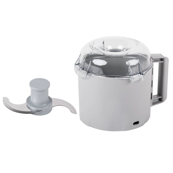 A gray Robot Coupe 3 liter cutter bowl with a clear lid.