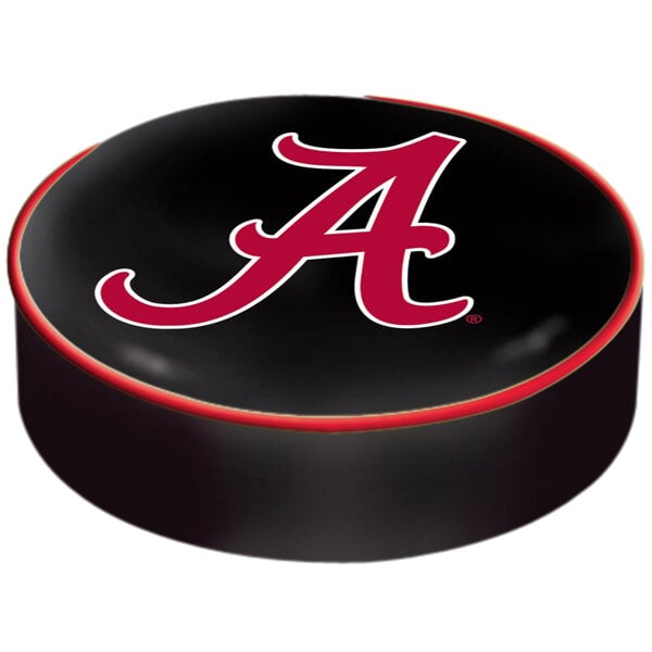 A black vinyl bar stool seat cover with the red University of Alabama letter A.
