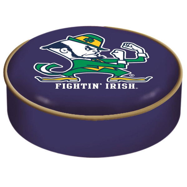 A blue round vinyl bar stool seat cover with a leprechaun cartoon on it and the words "Notre Dame Fighting Irish."