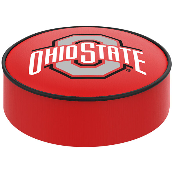 A red round Ohio State University vinyl bar stool seat cover with a logo.