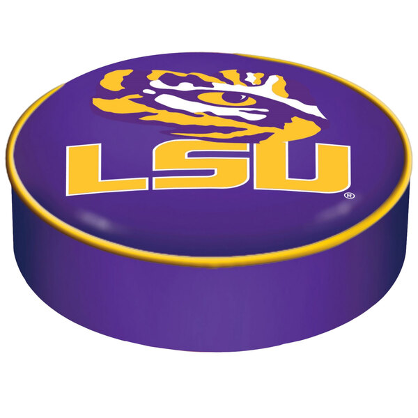A purple round bar stool seat cover with a yellow LSU Tigers logo.