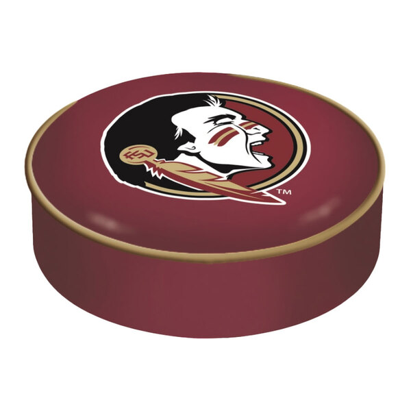 A red round Florida State Seminoles bar stool seat cover with a logo on it.